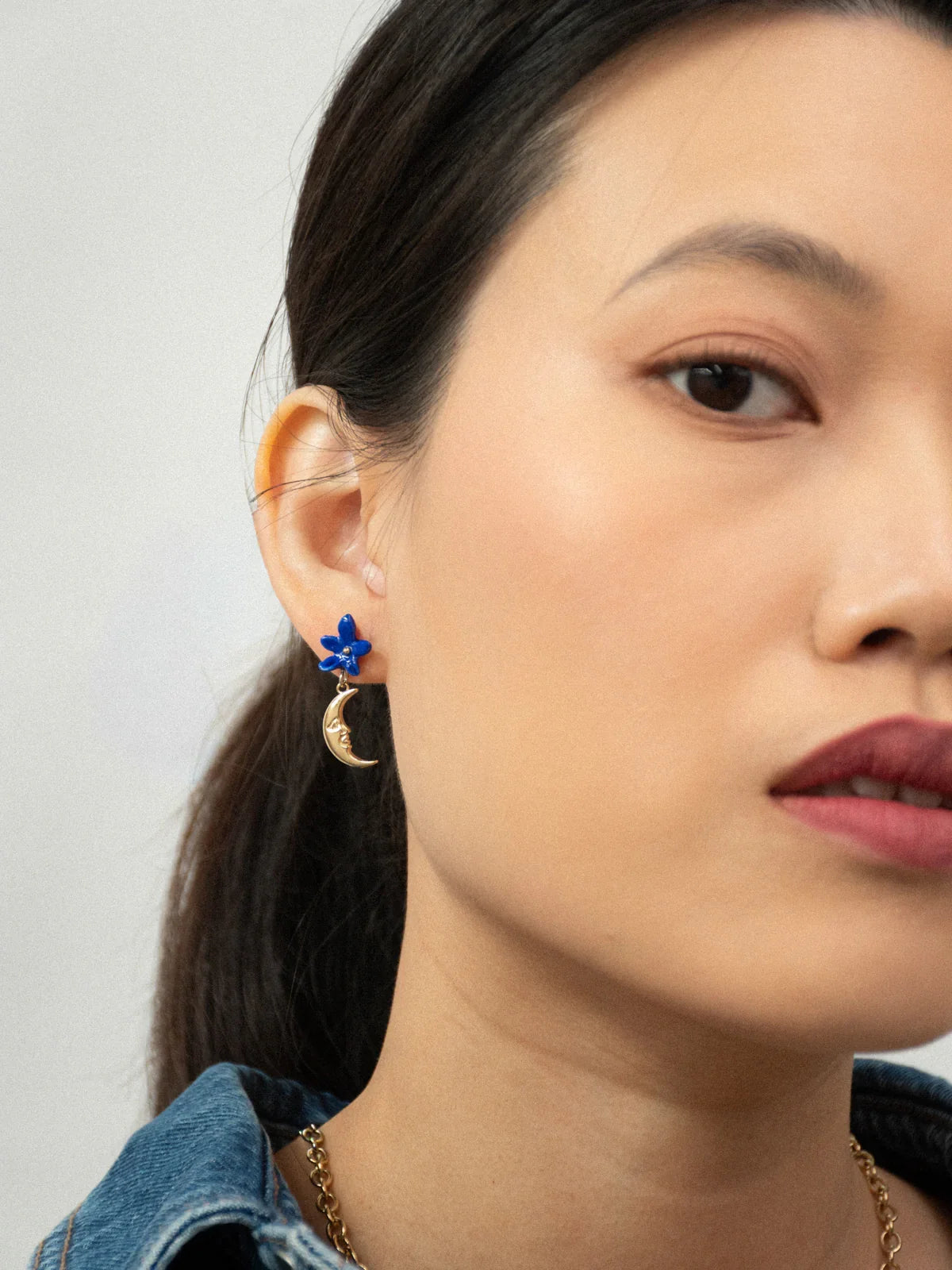 Blue Flower & Moon Earrings