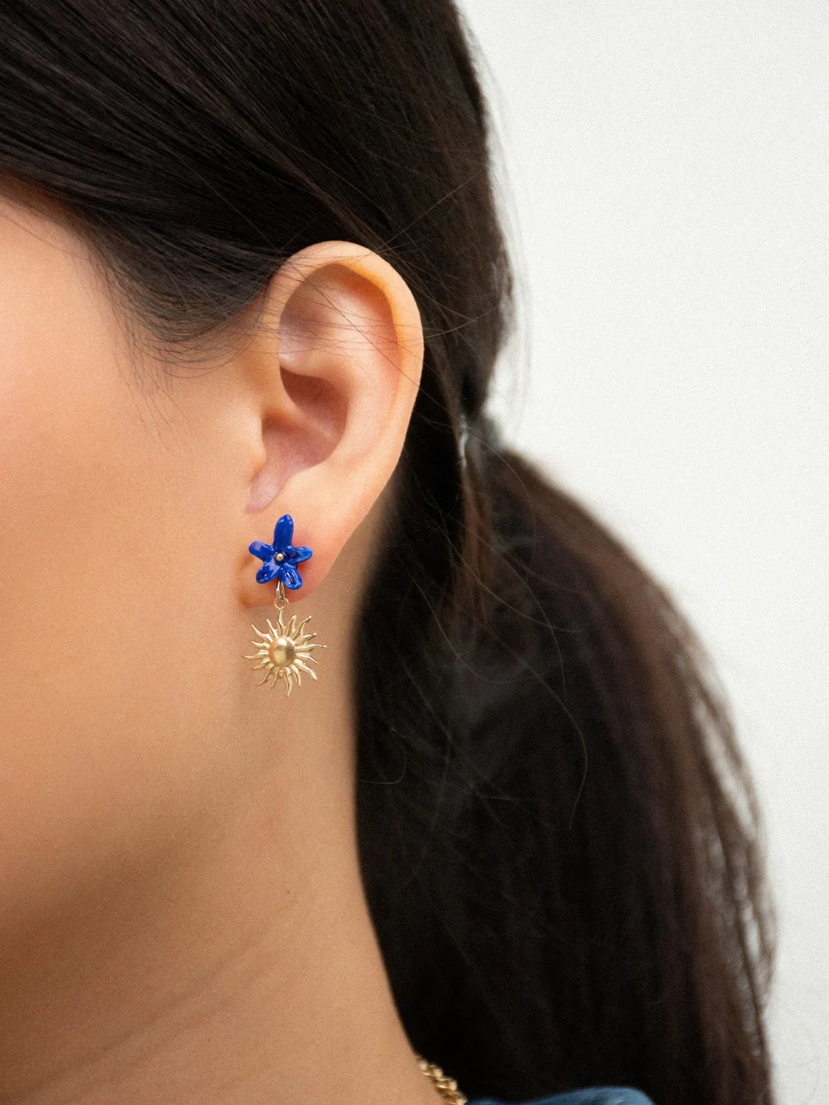 Blue Flower & Moon Earrings