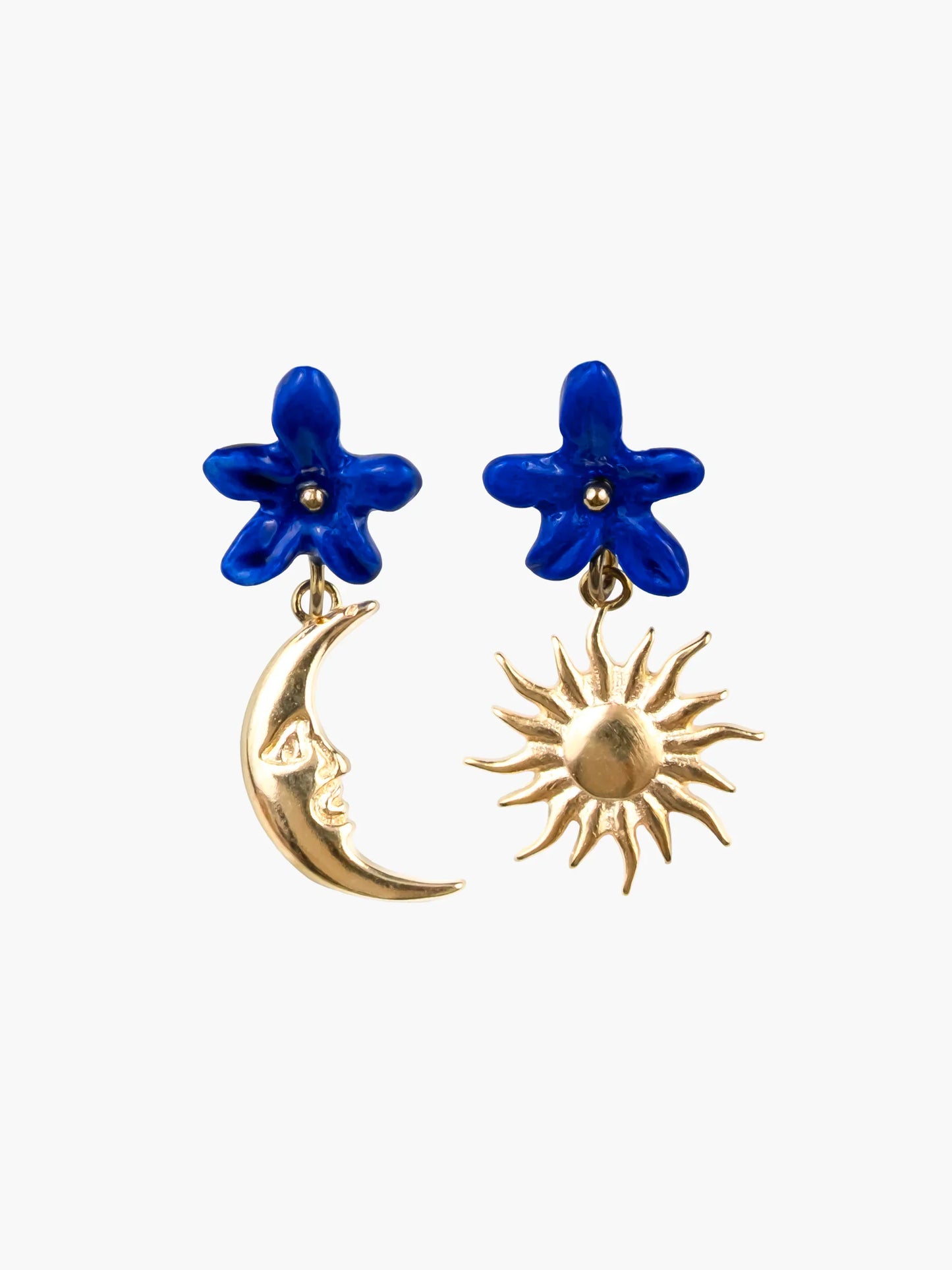 Blue Flower & Moon Earrings
