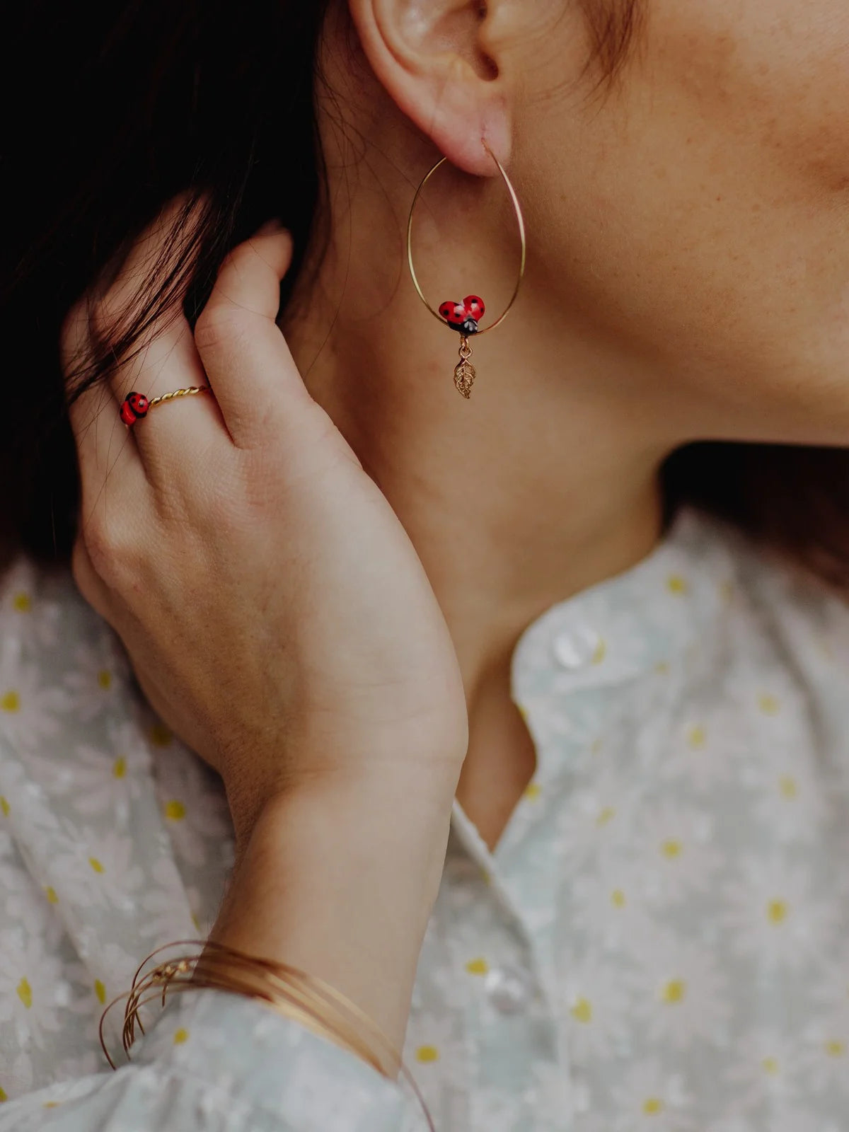 Ladybug & Leaf Hoop Earrings