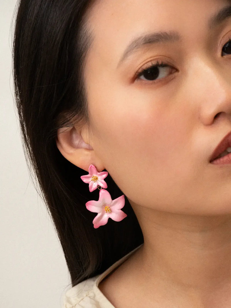 Double Pink Lily Drop Earrings